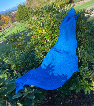 Teal knit shawl laying on a rhododendron bush